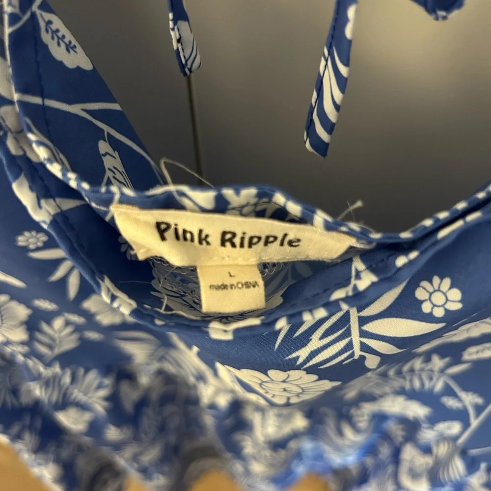 Pink Ripple Blue Floral Dress Size Large - Picture 2 of 3